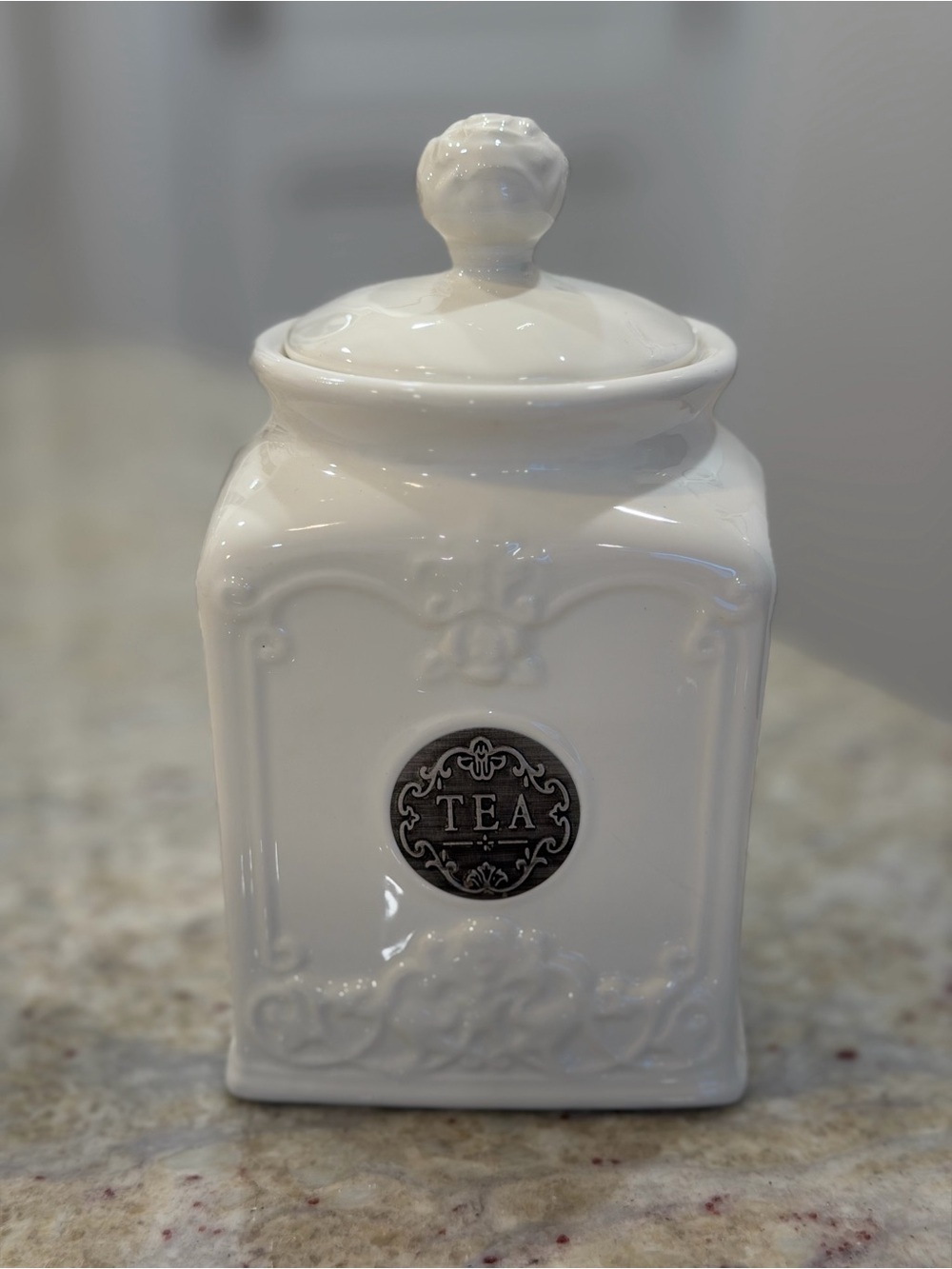 THL White Ceramic Tea Canister Jar with Lid Embossed Floral Kitchen Storage 7.5”